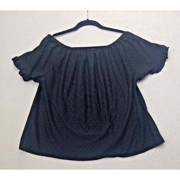 W5 Women's L Black Eyelet Off The Shoulder Short Ruffle Sleeve Top flirty breezy - Picture 1 of 6
